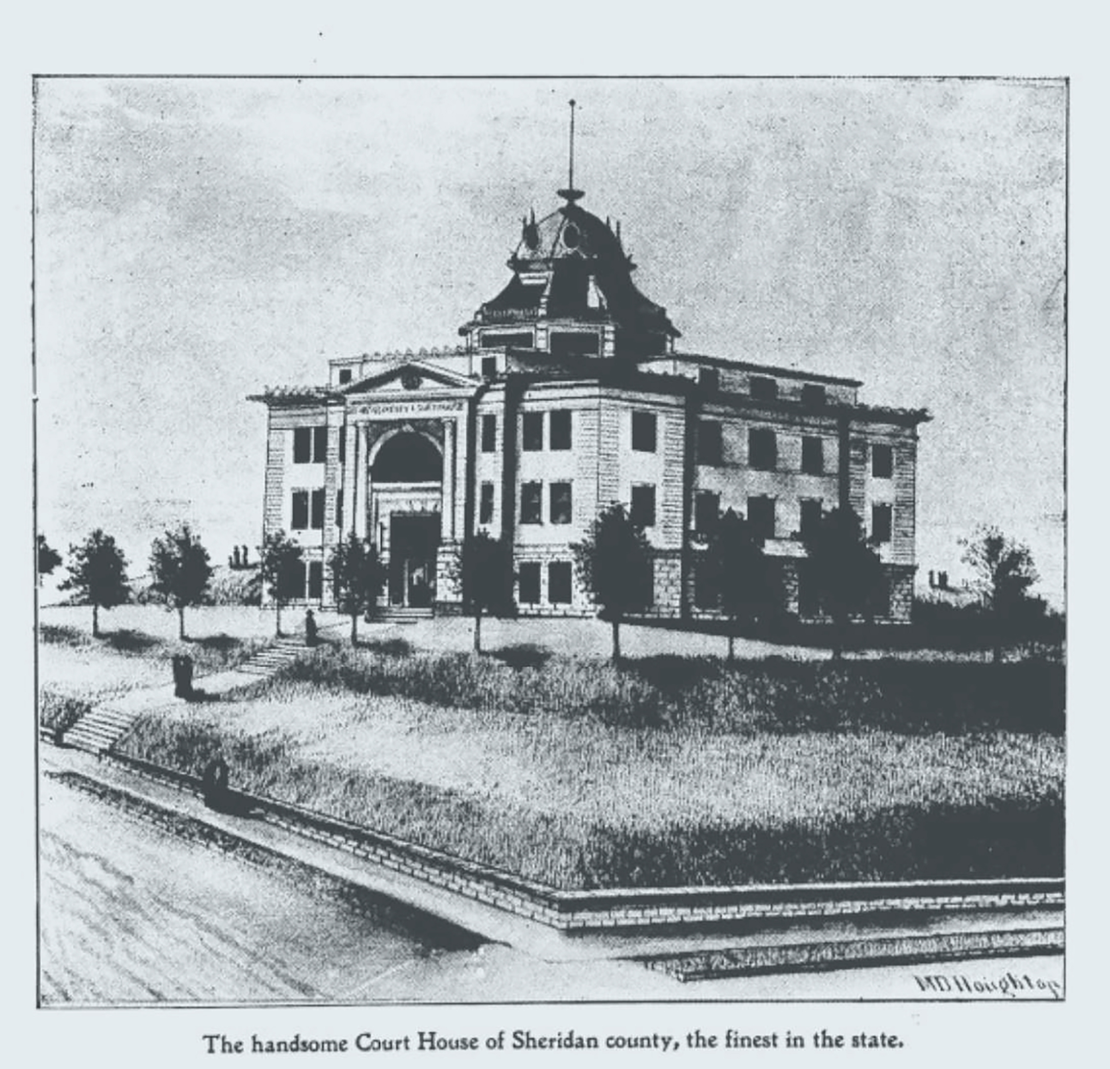 A pen and ink sketch of the Sheridan Courthouse sitting on elevated ground surrounded by young trees.